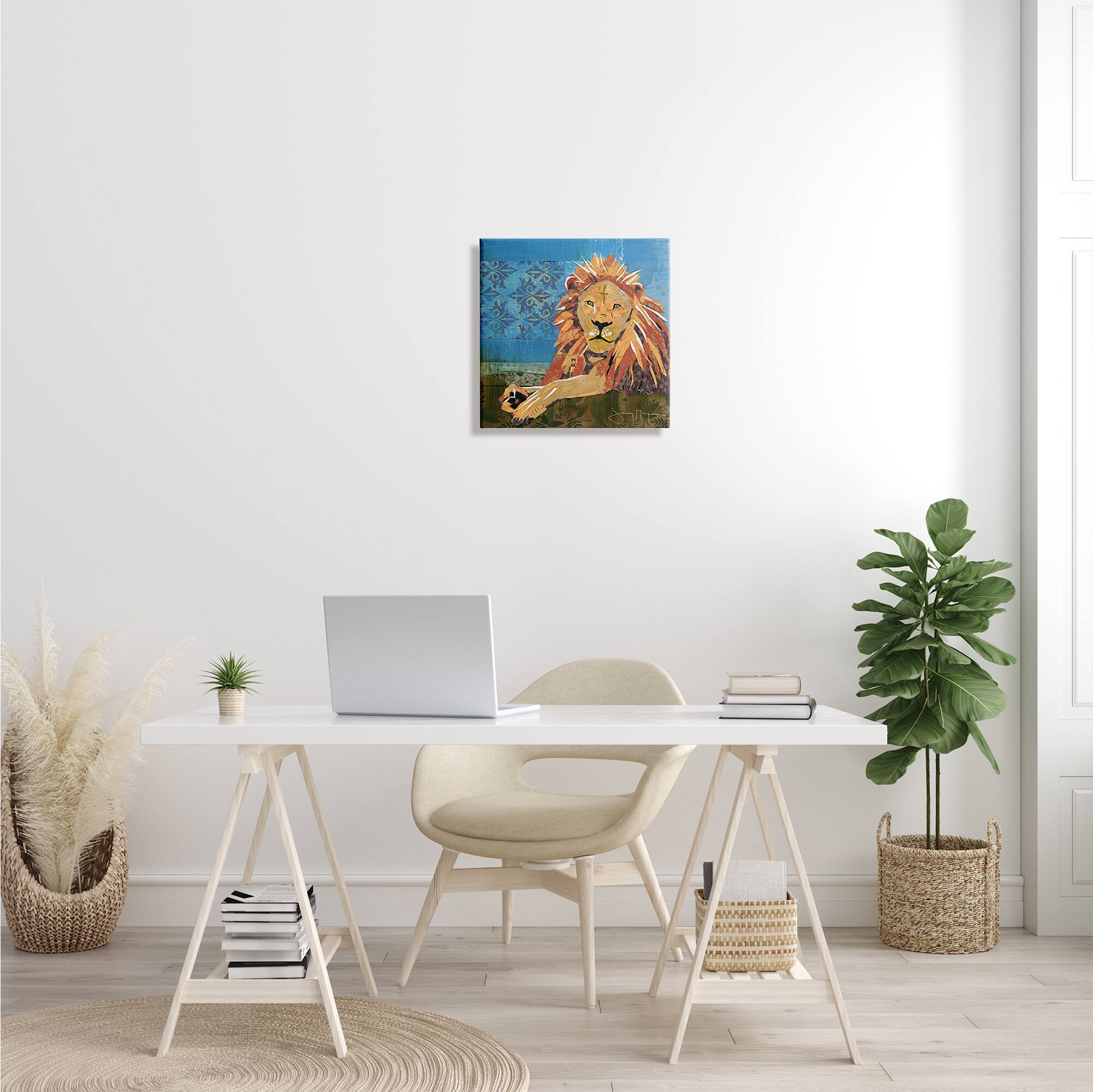 Stupell Industries Safari Lion Abstract Shape Collage Blue Orange Canvas Wall Art